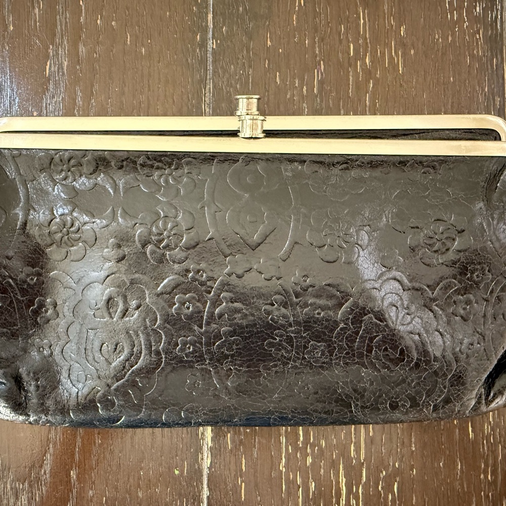Hobo Lauren Double Frame Leather Black Embossed Clutch